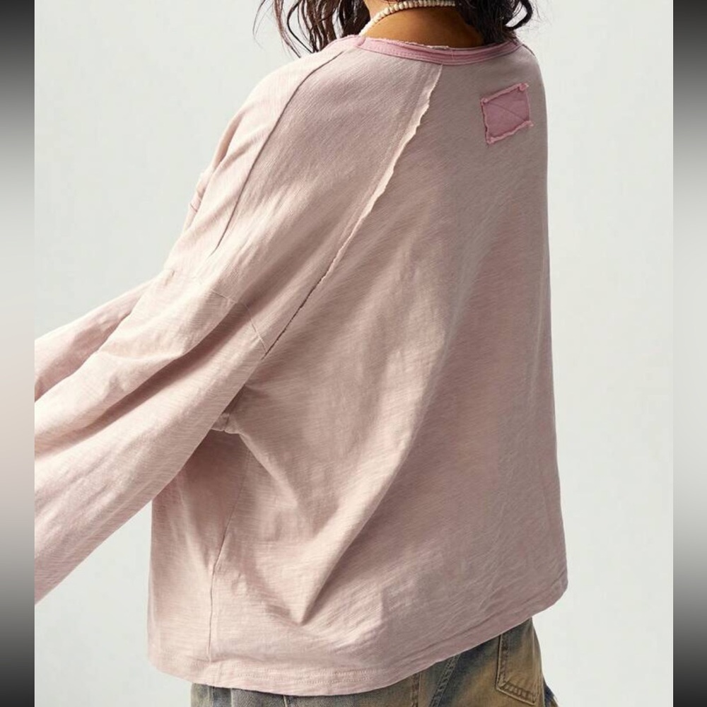 Floral patchwork top tee long sleeve light blush rose pink distressed wide NWT - Picture 5 of 5